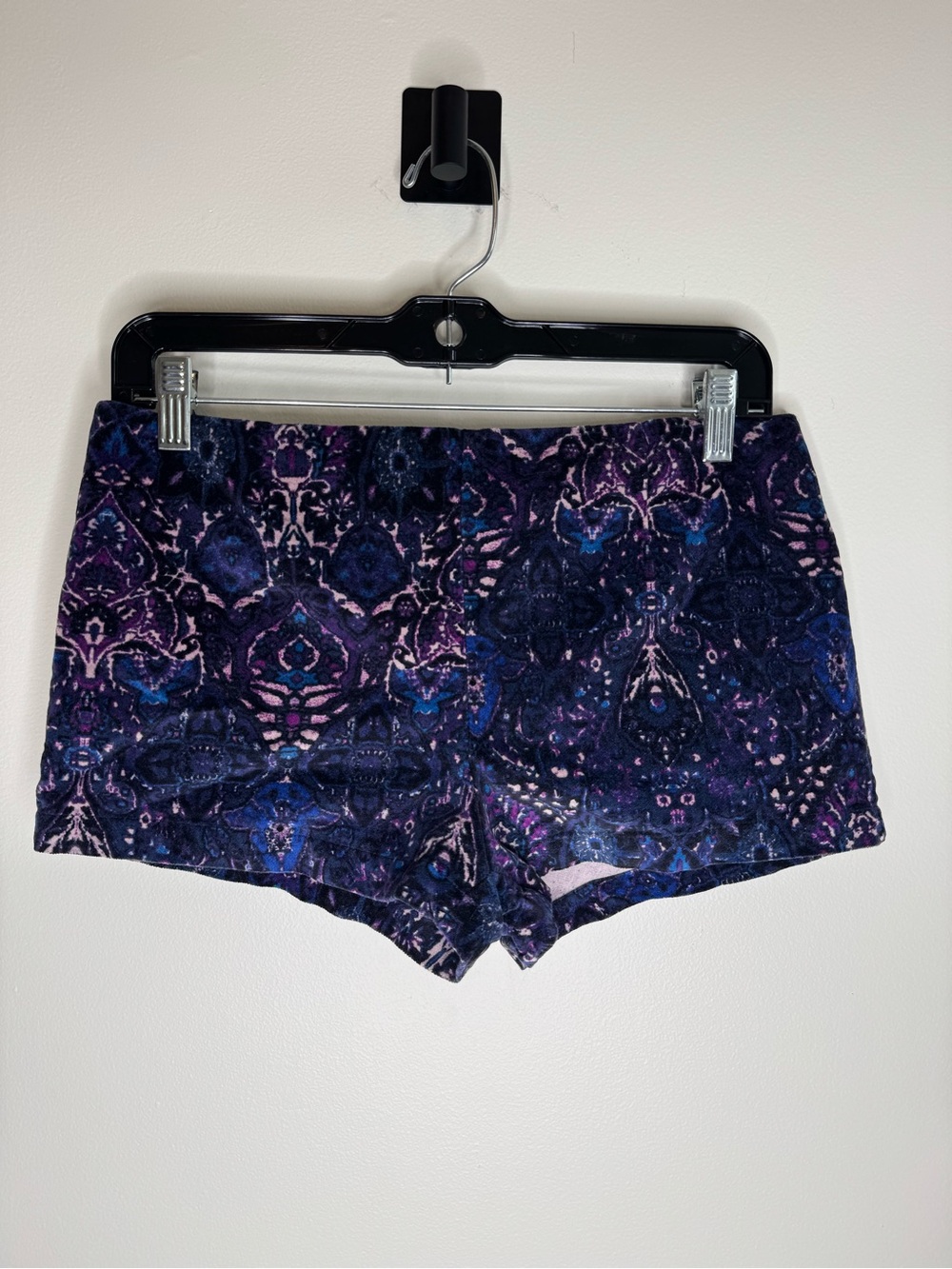 Ecote Patterned Velvet Mini Shorts in Deep Navy and Purple